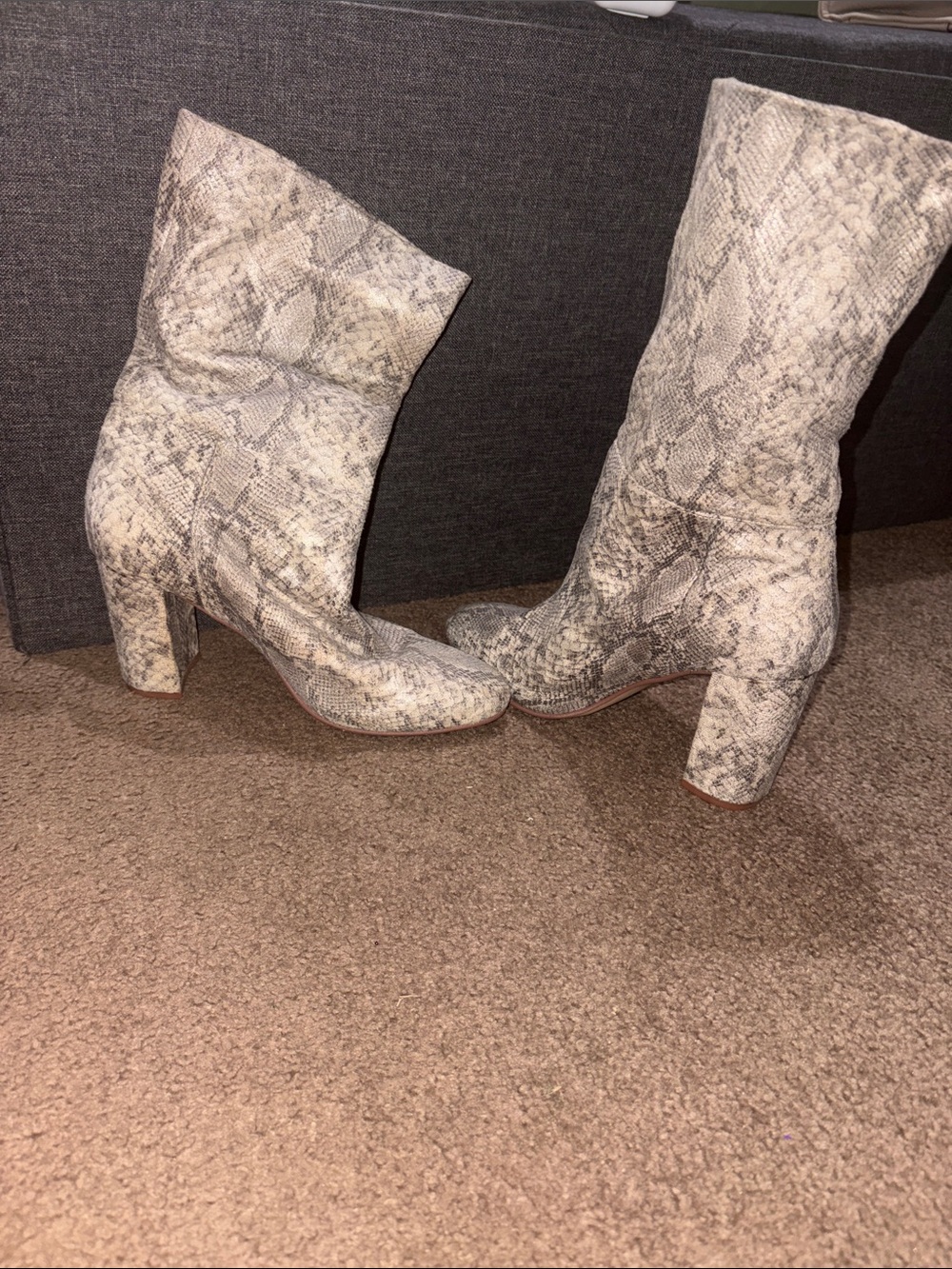 Snake-Print Mid-Calf Block Heel Boots - Gray